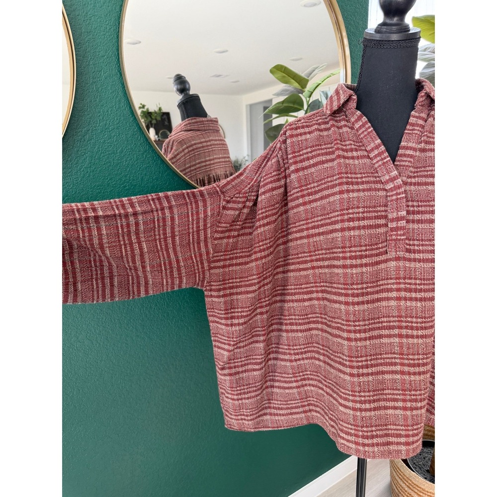 In Loom Plaid Tunic Blouse Size S Mahogany Cotton Linen Boho Academia Lagenlook - Picture 3 of 11